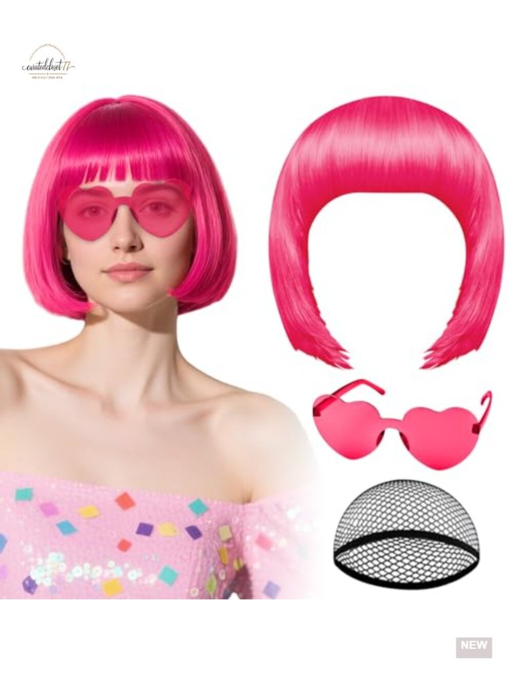 Hot Pink Neon Party Wig with Heart Sunglasses Halloween Cosplay Accessory